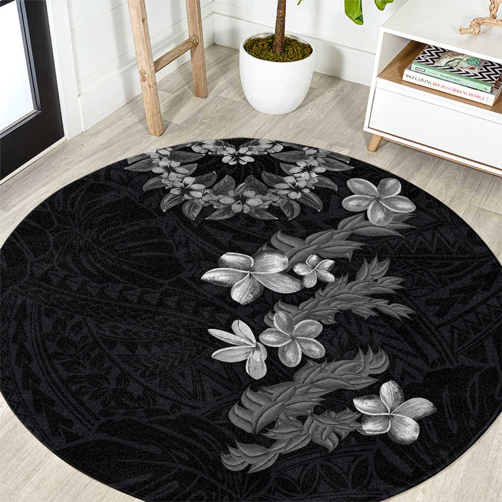 Hawaiian Lei Plumeria and Tropical Leaves Round Carpet Watercolor Style-Grayscale LT03 Black - Polynesian Pride
