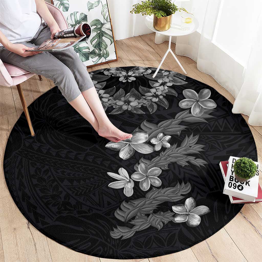 Hawaiian Lei Plumeria and Tropical Leaves Round Carpet Watercolor Style-Grayscale LT03 - Polynesian Pride