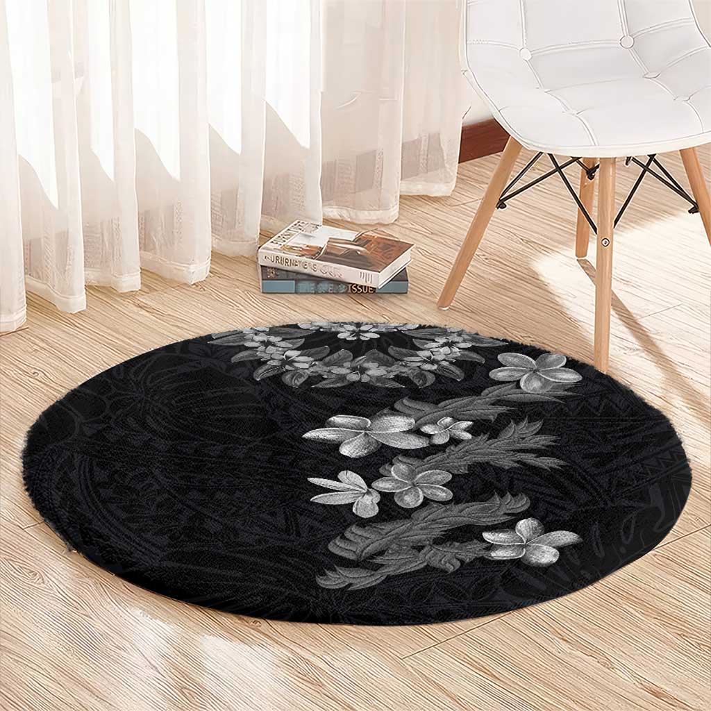 Hawaiian Lei Plumeria and Tropical Leaves Round Carpet Watercolor Style-Grayscale LT03 - Polynesian Pride