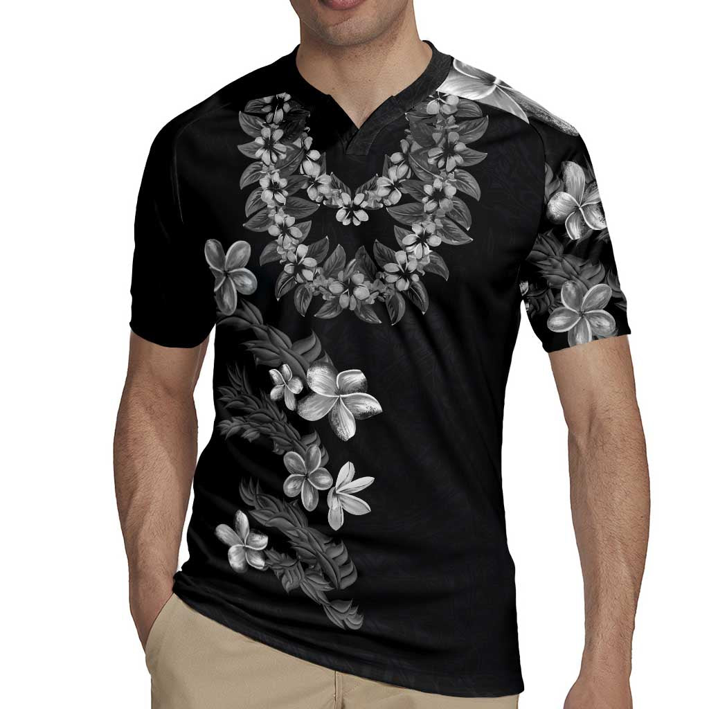 Hawaiian Lei Plumeria and Tropical Leaves Rugby Jersey Watercolor Style-Grayscale