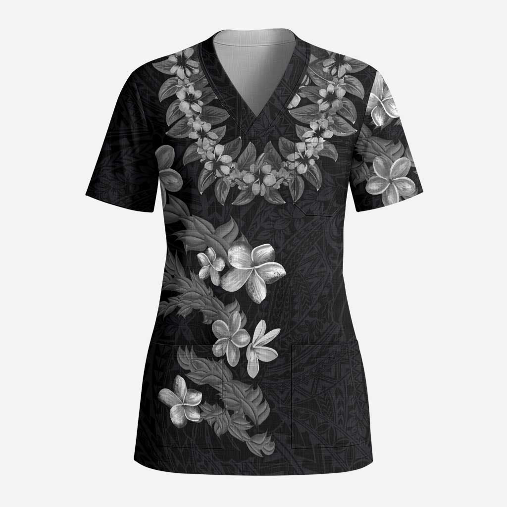 Hawaiian Lei Plumeria and Tropical Leaves Scrub Top Watercolor Style-Grayscale - Polynesian Pride