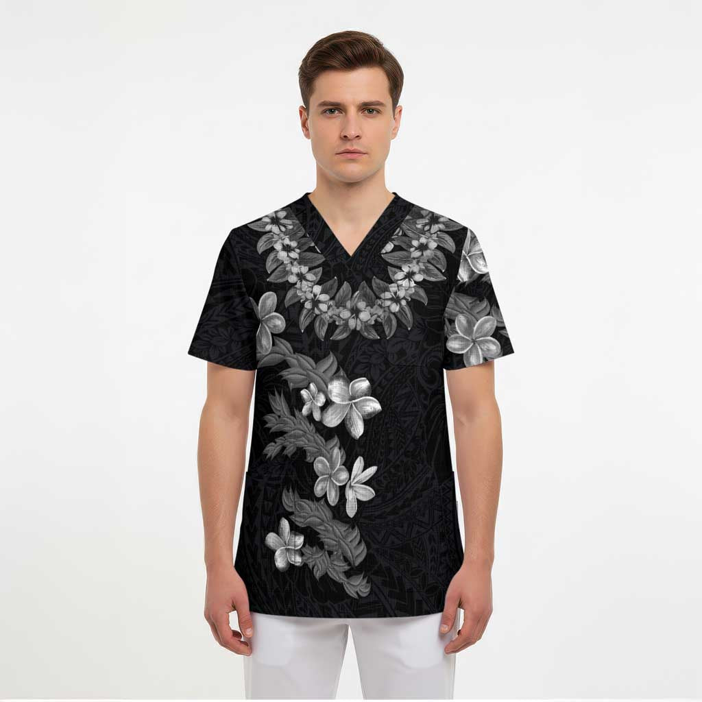 Hawaiian Lei Plumeria and Tropical Leaves Scrub Top Watercolor Style-Grayscale - Polynesian Pride