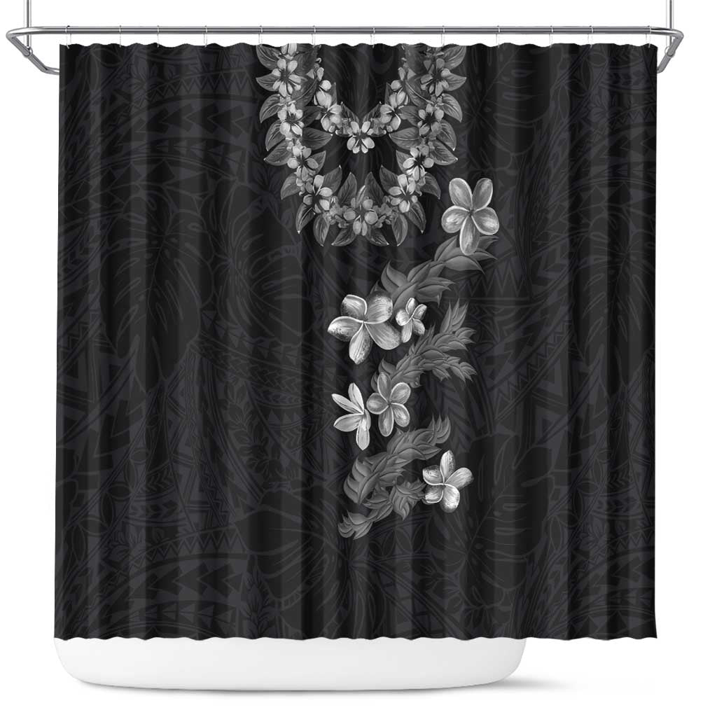 Hawaiian Lei Plumeria and Tropical Leaves Shower Curtain Watercolor Style-Grayscale LT03 Black - Polynesian Pride