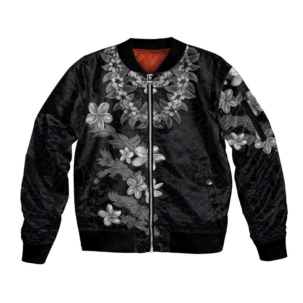 Hawaiian Lei Plumeria and Tropical Leaves Sleeve Zip Bomber Jacket Watercolor Style-Grayscale LT03 Unisex Black - Polynesian Pride