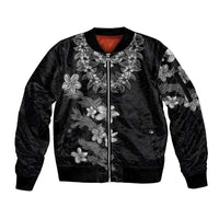Hawaiian Lei Plumeria and Tropical Leaves Sleeve Zip Bomber Jacket Watercolor Style-Grayscale LT03 Unisex Black - Polynesian Pride