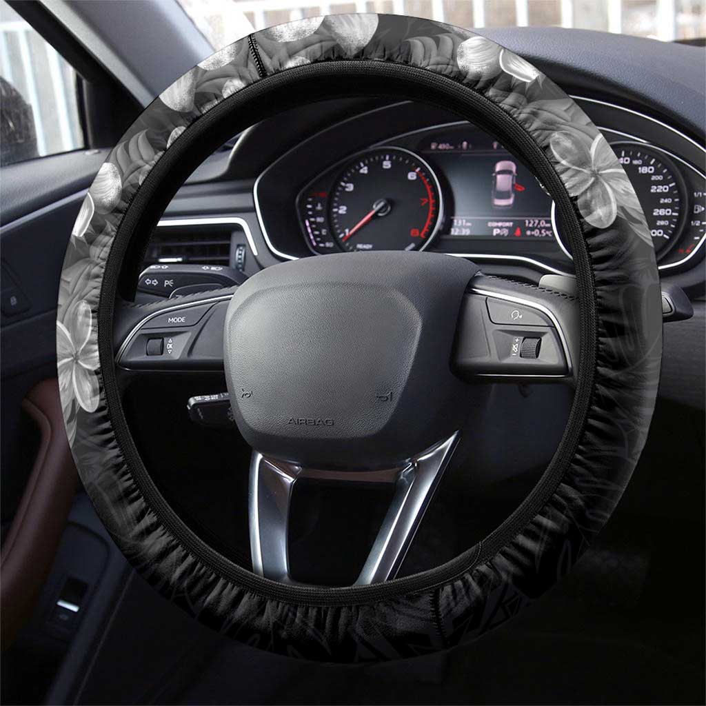 Hawaiian Lei Plumeria and Tropical Leaves Steering Wheel Cover Watercolor Style-Grayscale