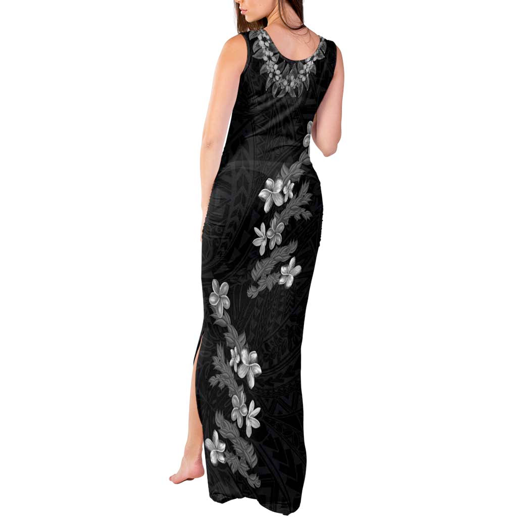 Hawaiian Lei Plumeria and Tropical Leaves Tank Maxi Dress Watercolor Style-Grayscale