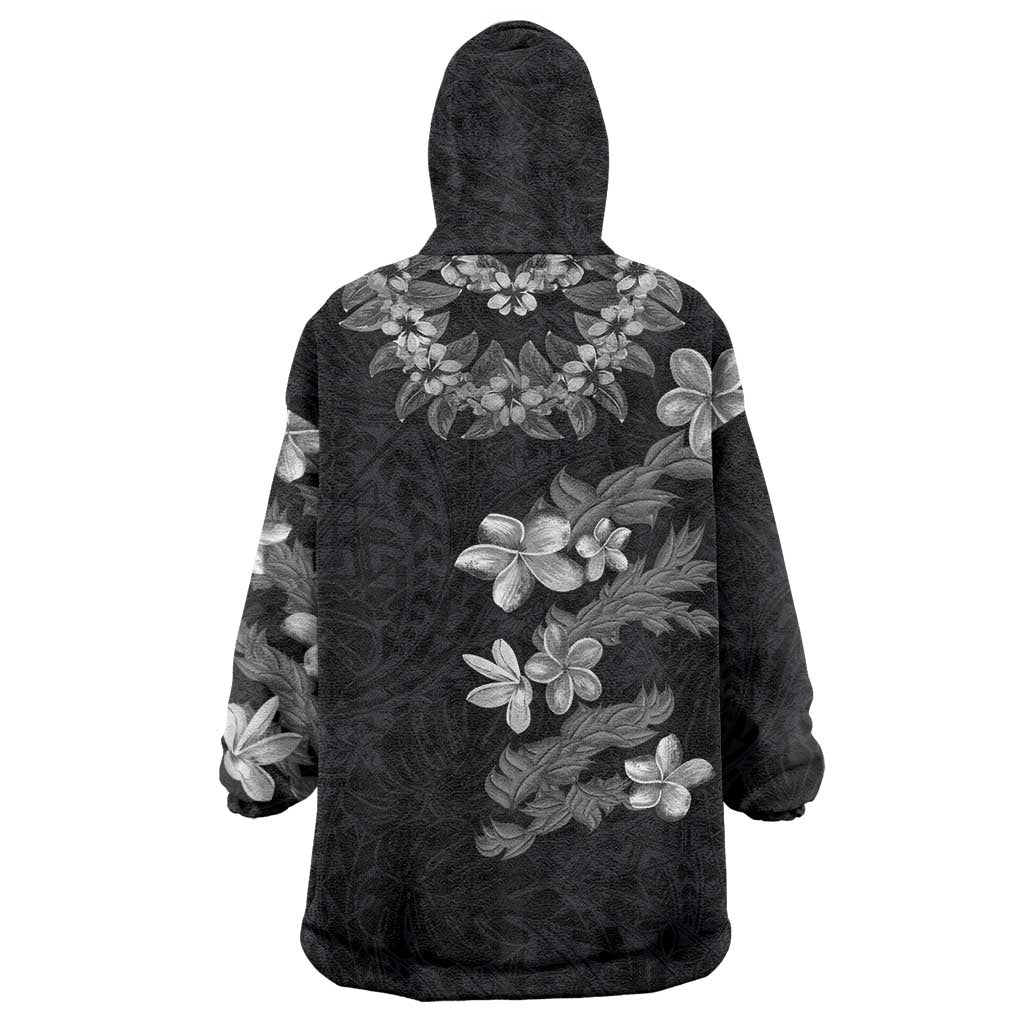 Hawaiian Lei Plumeria and Tropical Leaves Wearable Blanket Hoodie Watercolor Style-Grayscale
