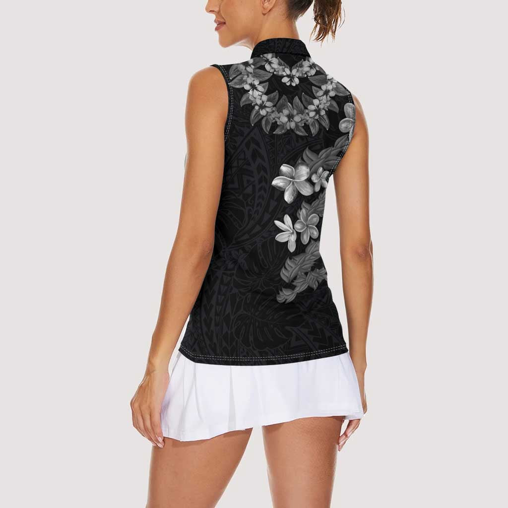 Hawaiian Lei Plumeria and Tropical Leaves Women Sleeveless Polo Shirt Watercolor Style-Grayscale