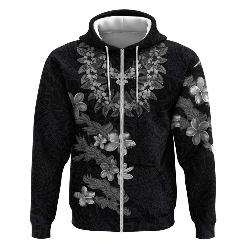 Hawaiian Lei Plumeria and Tropical Leaves Zip Hoodie Watercolor Style-Grayscale