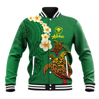 Hawaii Turtle Plumeria Flower Baseball Jacket Polynesian Pattern Green Color