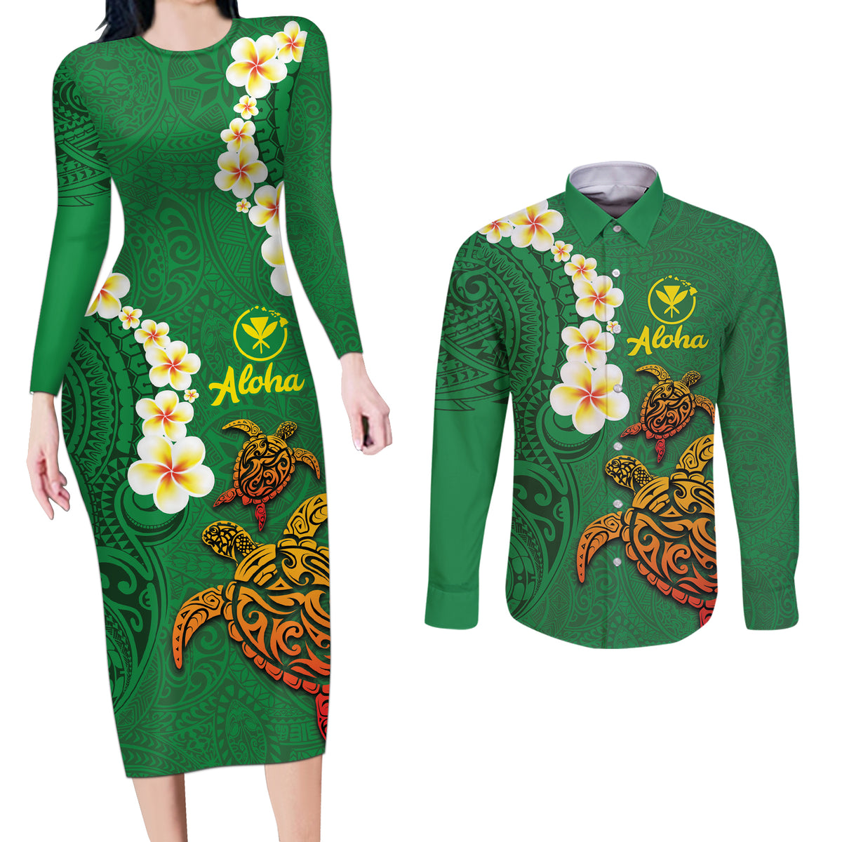 Hawaii Turtle Plumeria Flower Couples Matching Long Sleeve Bodycon Dress and Long Sleeve Button Shirt Polynesian Pattern Green Color LT03 Green - Polynesian Pride