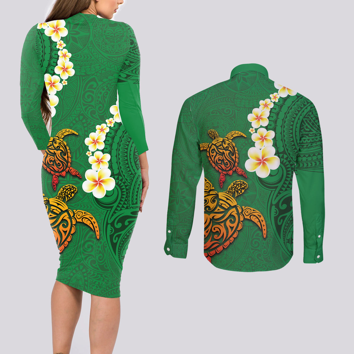 Hawaii Turtle Plumeria Flower Couples Matching Long Sleeve Bodycon Dress and Long Sleeve Button Shirt Polynesian Pattern Green Color LT03 - Polynesian Pride