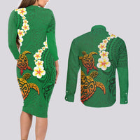 Hawaii Turtle Plumeria Flower Couples Matching Long Sleeve Bodycon Dress and Long Sleeve Button Shirt Polynesian Pattern Green Color LT03 - Polynesian Pride