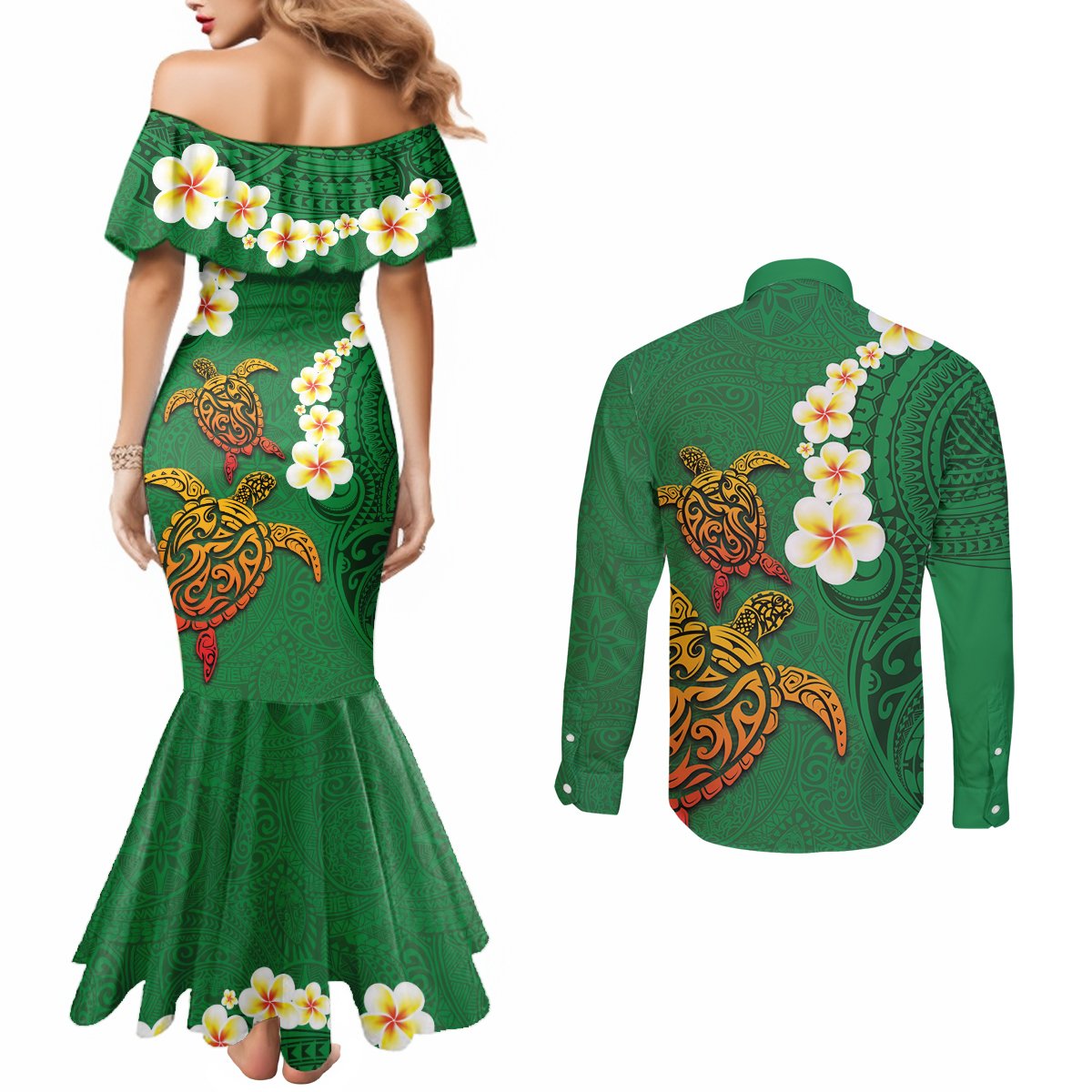 Hawaii Turtle Plumeria Flower Couples Matching Mermaid Dress and Long Sleeve Button Shirt Polynesian Pattern Green Color