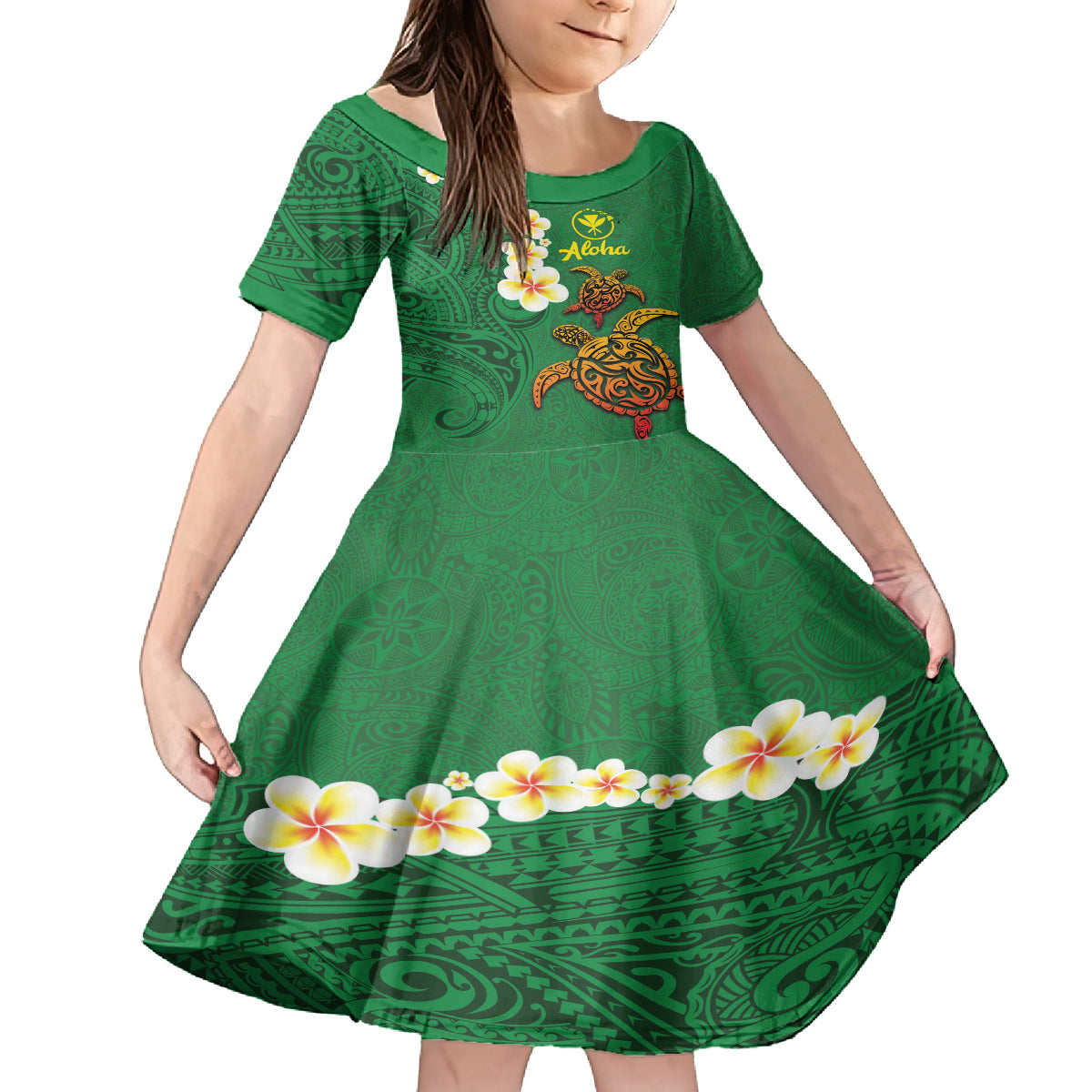 Hawaii Turtle Plumeria Flower Family Matching Long Sleeve Bodycon Dress and Hawaiian Shirt Polynesian Pattern Green Color