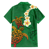 Hawaii Turtle Plumeria Flower Family Matching Long Sleeve Bodycon Dress and Hawaiian Shirt Polynesian Pattern Green Color