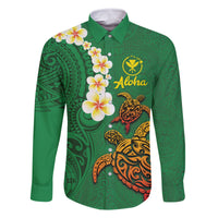 Hawaii Turtle Plumeria Flower Family Matching Long Sleeve Bodycon Dress and Hawaiian Shirt Polynesian Pattern Green Color