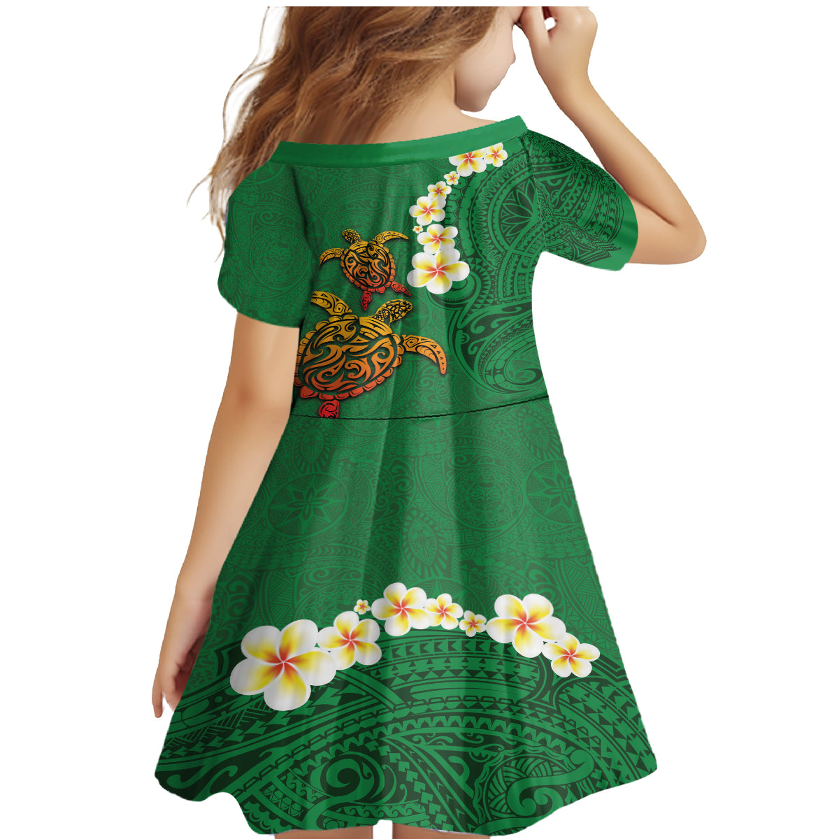 Hawaii Turtle Plumeria Flower Family Matching Mermaid Dress and Hawaiian Shirt Polynesian Pattern Green Color