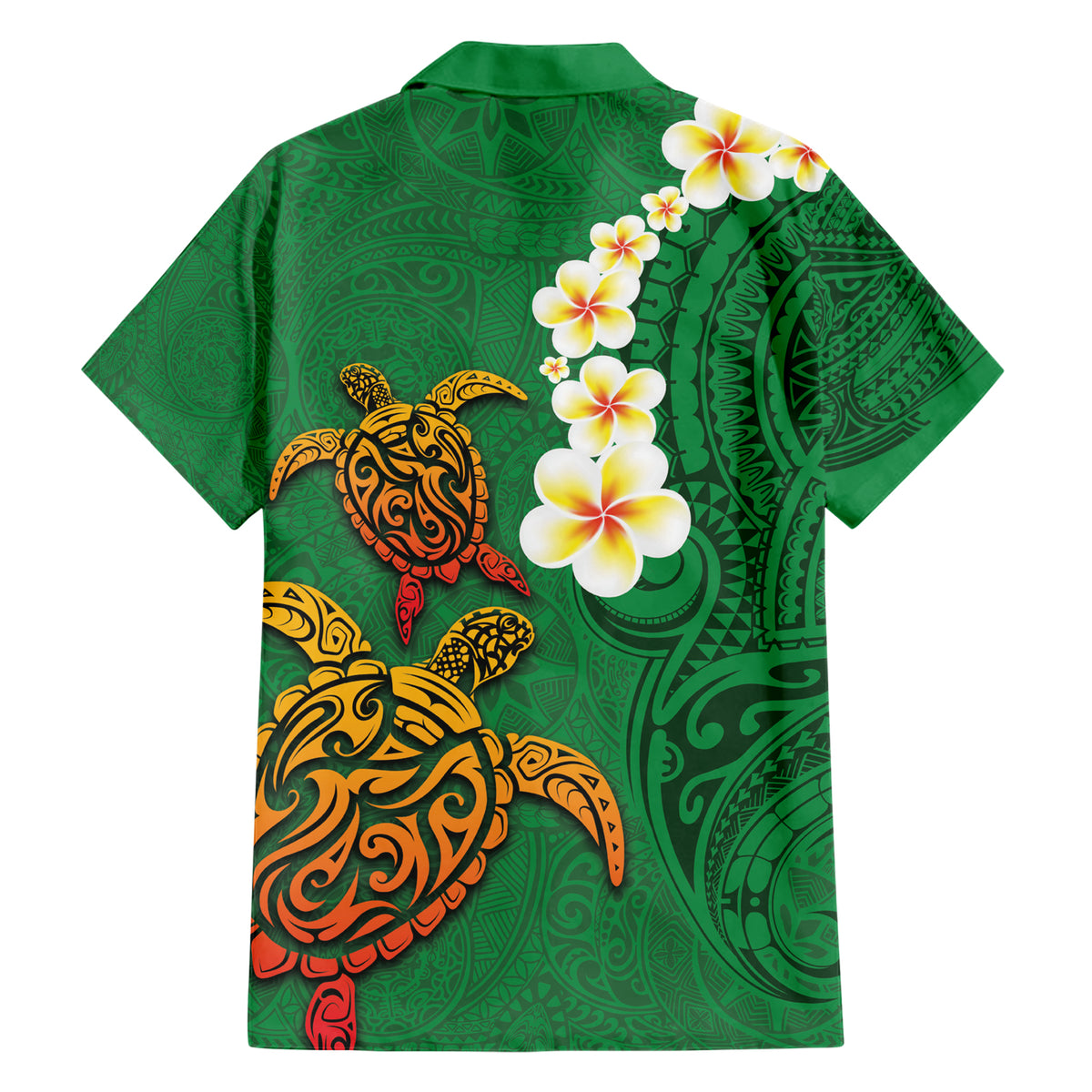 Hawaii Turtle Plumeria Flower Family Matching Short Sleeve Bodycon Dress and Hawaiian Shirt Polynesian Pattern Green Color