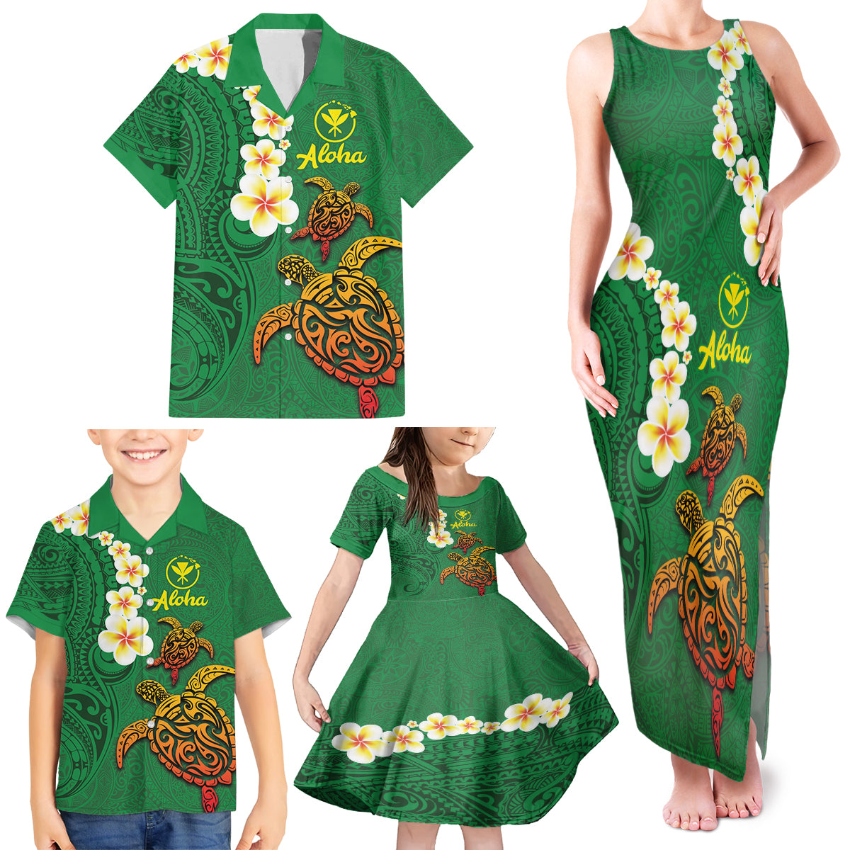 Hawaii Turtle Plumeria Flower Family Matching Tank Maxi Dress and Hawaiian Shirt Polynesian Pattern Green Color