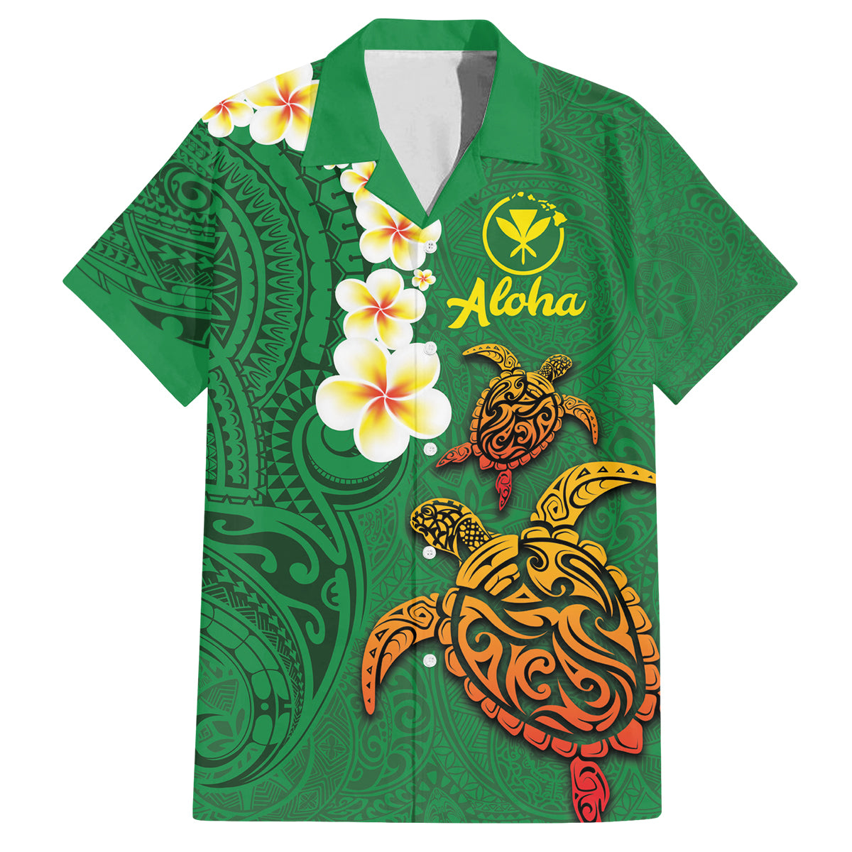 Hawaii Turtle Plumeria Flower Family Matching Tank Maxi Dress and Hawaiian Shirt Polynesian Pattern Green Color