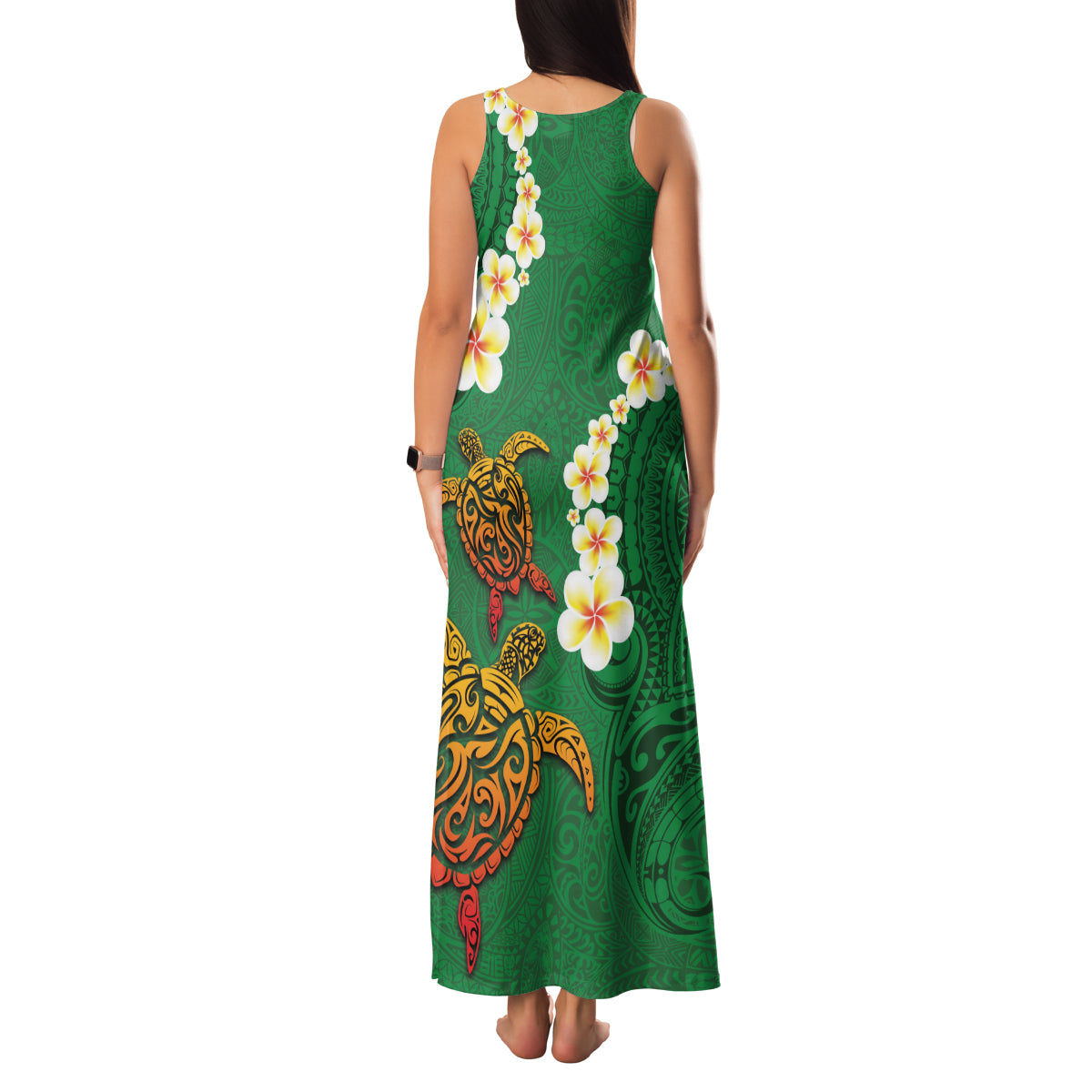 Hawaii Turtle Plumeria Flower Family Matching Tank Maxi Dress and Hawaiian Shirt Polynesian Pattern Green Color