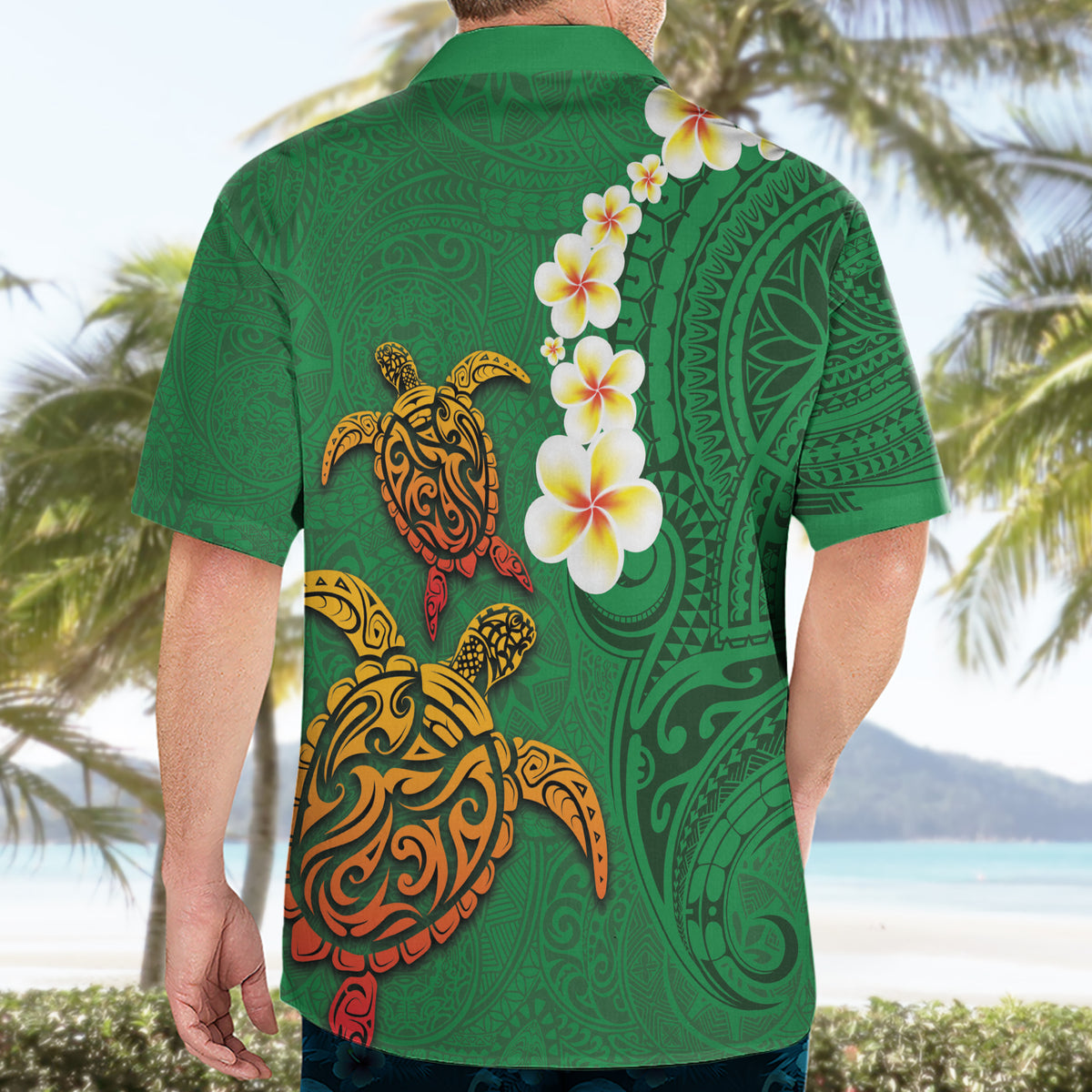 Hawaii Turtle Plumeria Flower Hawaiian Shirt Polynesian Pattern Green Color