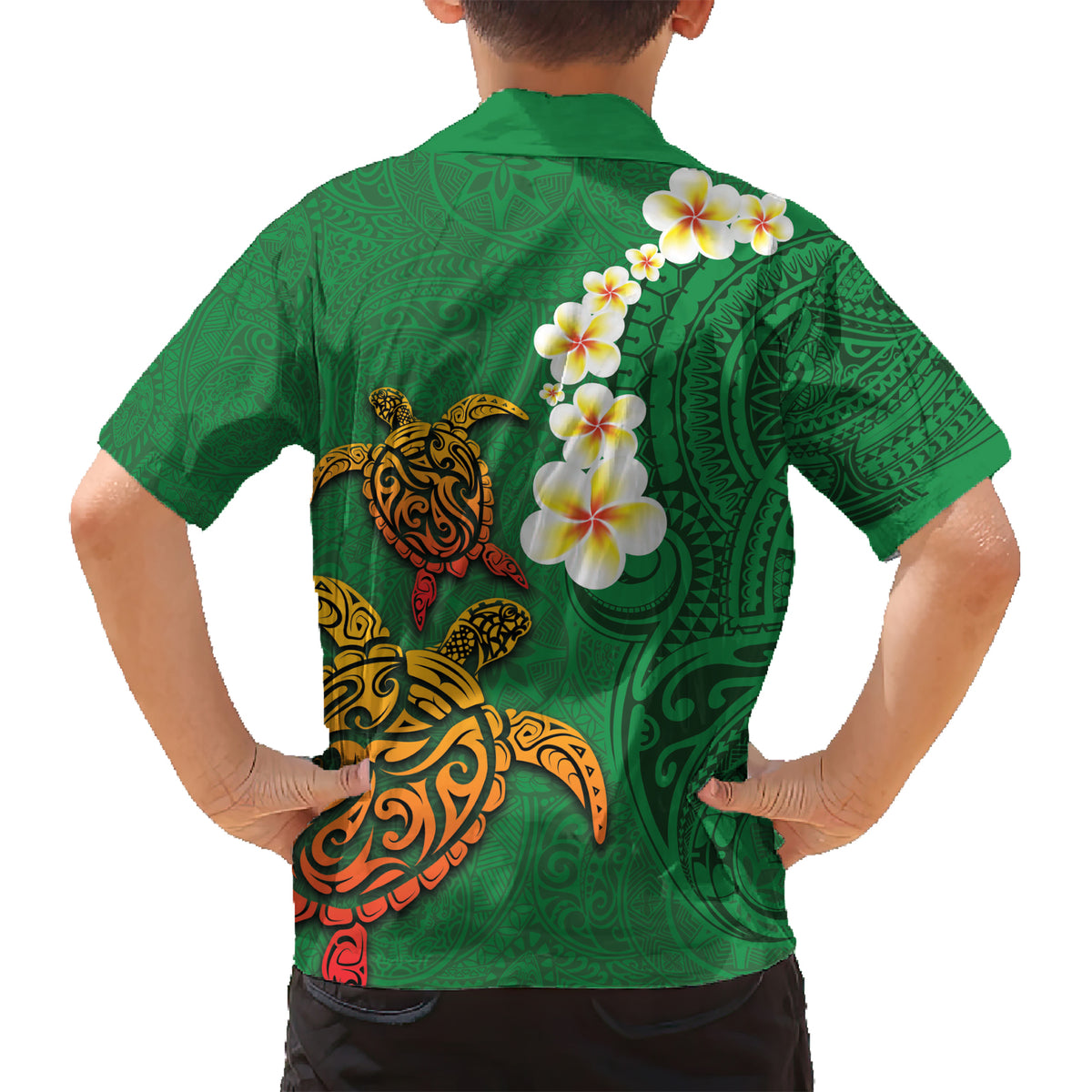 Hawaii Turtle Plumeria Flower Kid Hawaiian Shirt Polynesian Pattern Green Color LT03 - Polynesian Pride