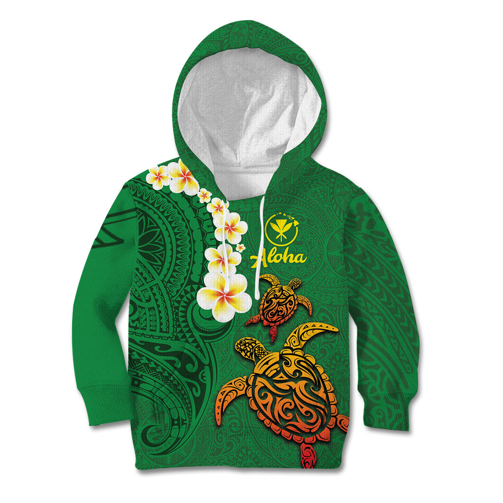 Hawaii Turtle Plumeria Flower Kid Hoodie Polynesian Pattern Green Color LT03 Hoodie Green - Polynesian Pride