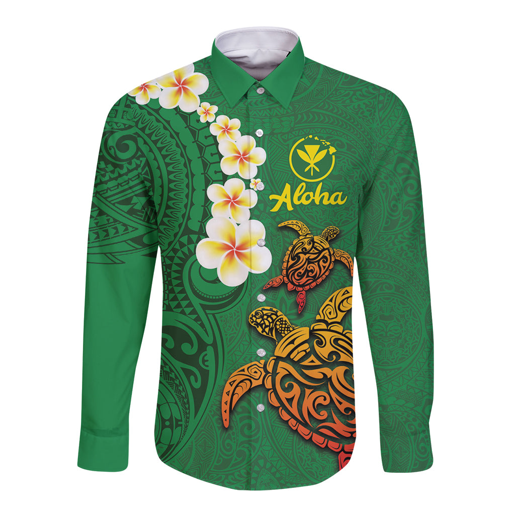 Hawaii Turtle Plumeria Flower Long Sleeve Button Shirt Polynesian Pattern Green Color LT03 Unisex Green - Polynesian Pride