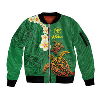 Hawaii Turtle Plumeria Flower Sleeve Zip Bomber Jacket Polynesian Pattern Green Color