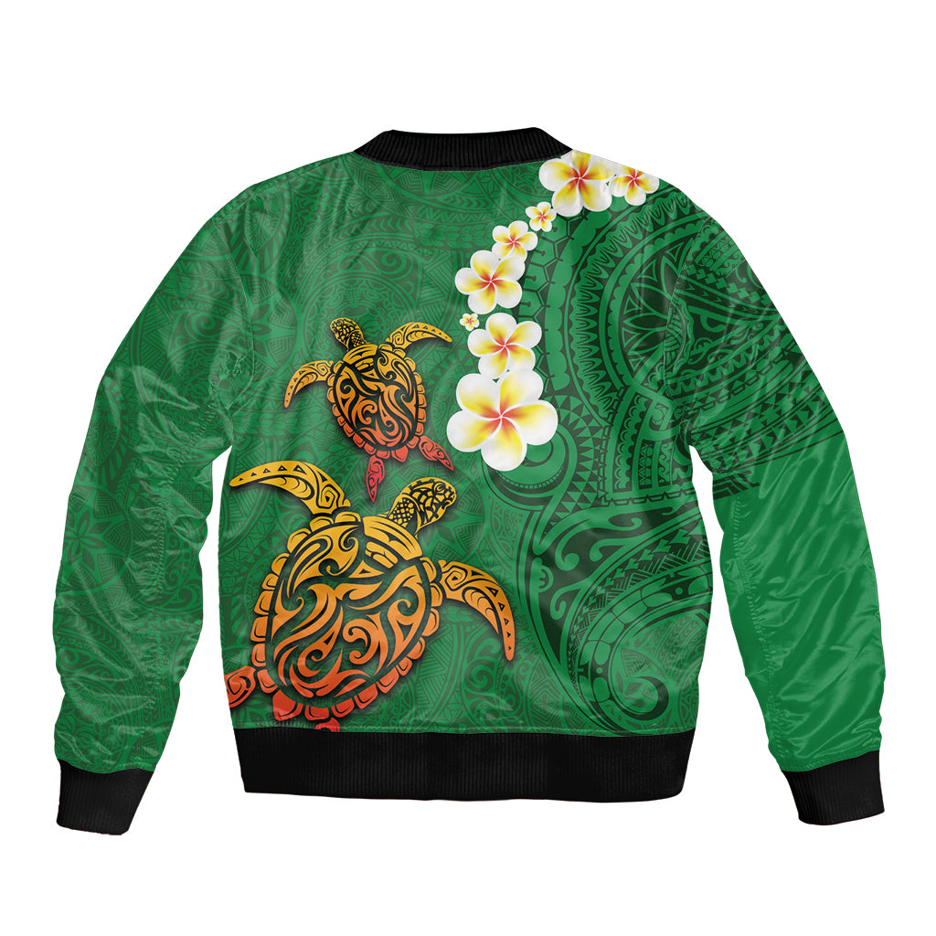Hawaii Turtle Plumeria Flower Sleeve Zip Bomber Jacket Polynesian Pattern Green Color
