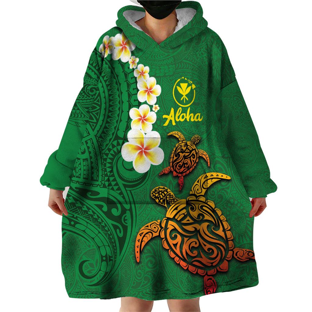 Hawaii Turtle Plumeria Flower Wearable Blanket Hoodie Polynesian Pattern Green Color