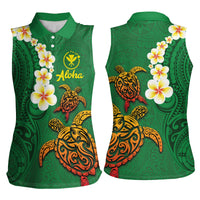 Hawaii Turtle Plumeria Flower Women Sleeveless Polo Shirt Polynesian Pattern Green Color