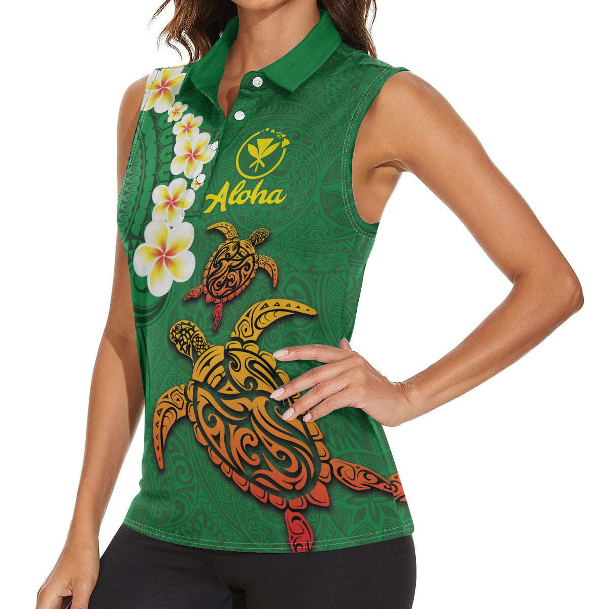 Hawaii Turtle Plumeria Flower Women Sleeveless Polo Shirt Polynesian Pattern Green Color