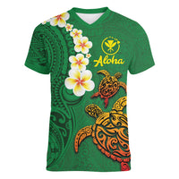 Hawaii Turtle Plumeria Flower Women V-Neck T-Shirt Polynesian Pattern Green Color
