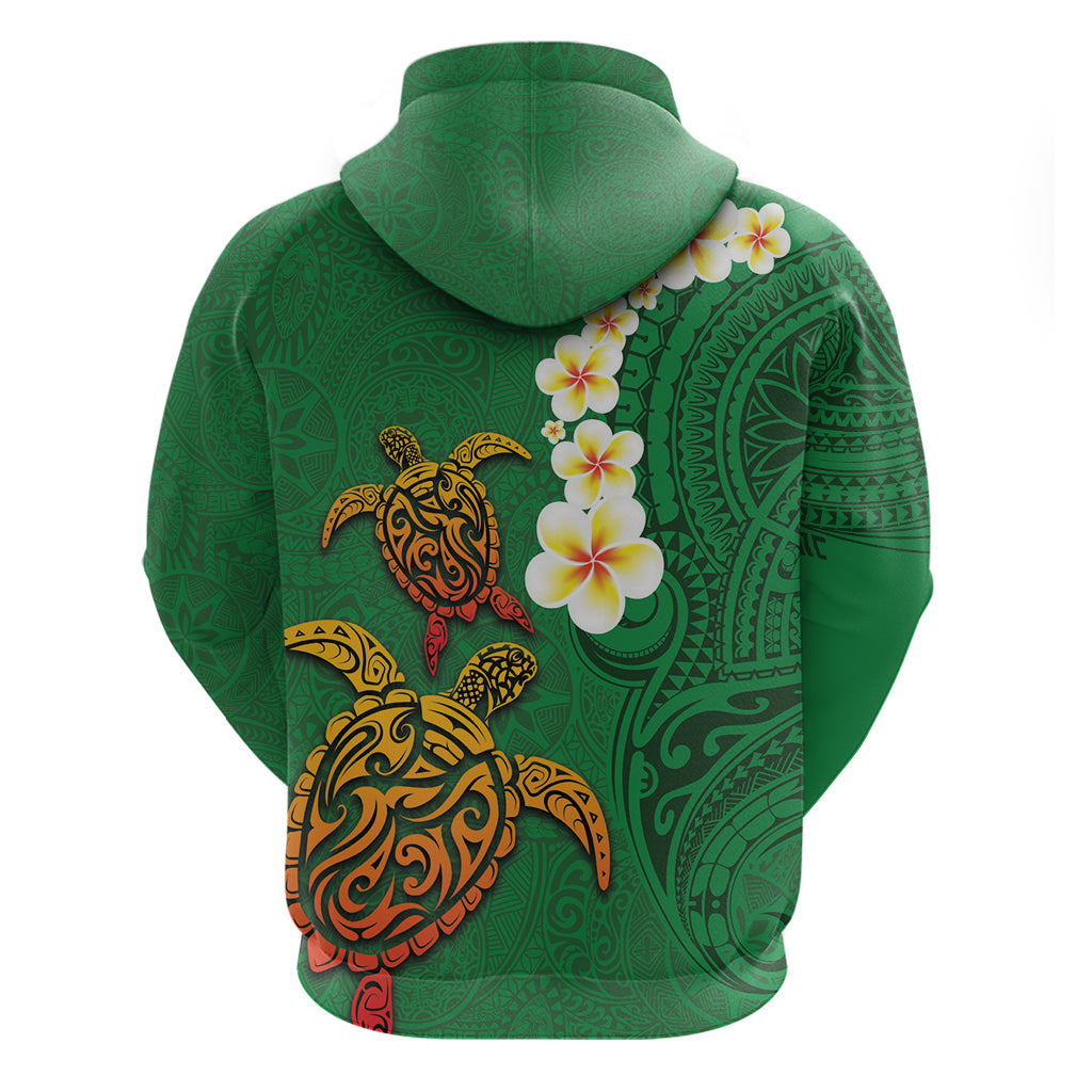 Hawaii Turtle Plumeria Flower Zip Hoodie Polynesian Pattern Green Color