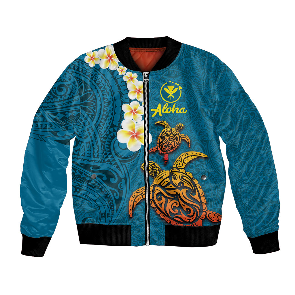 Hawaii Turtle Plumeria Flower Bomber Jacket Polynesian Pattern Blue Color
