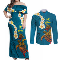 Hawaii Turtle Plumeria Flower Couples Matching Off Shoulder Maxi Dress and Long Sleeve Button Shirt Polynesian Pattern Blue Color