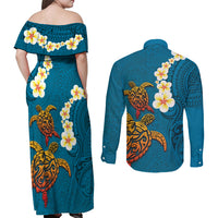 Hawaii Turtle Plumeria Flower Couples Matching Off Shoulder Maxi Dress and Long Sleeve Button Shirt Polynesian Pattern Blue Color