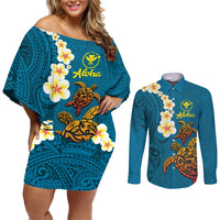 Hawaii Turtle Plumeria Flower Couples Matching Off Shoulder Short Dress and Long Sleeve Button Shirt Polynesian Pattern Blue Color