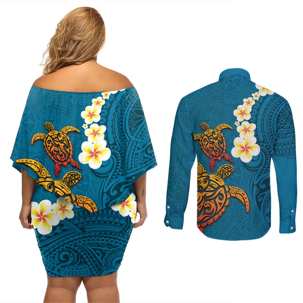 Hawaii Turtle Plumeria Flower Couples Matching Off Shoulder Short Dress and Long Sleeve Button Shirt Polynesian Pattern Blue Color