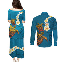 Hawaii Turtle Plumeria Flower Couples Matching Puletasi and Long Sleeve Button Shirt Polynesian Pattern Blue Color