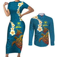 Hawaii Turtle Plumeria Flower Couples Matching Short Sleeve Bodycon Dress and Long Sleeve Button Shirt Polynesian Pattern Blue Color LT03 Blue - Polynesian Pride