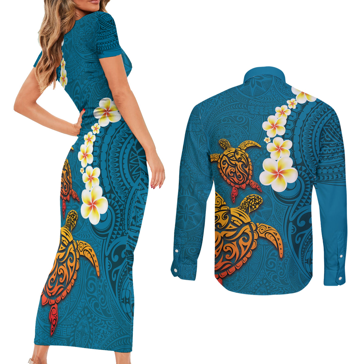 Hawaii Turtle Plumeria Flower Couples Matching Short Sleeve Bodycon Dress and Long Sleeve Button Shirt Polynesian Pattern Blue Color LT03 - Polynesian Pride
