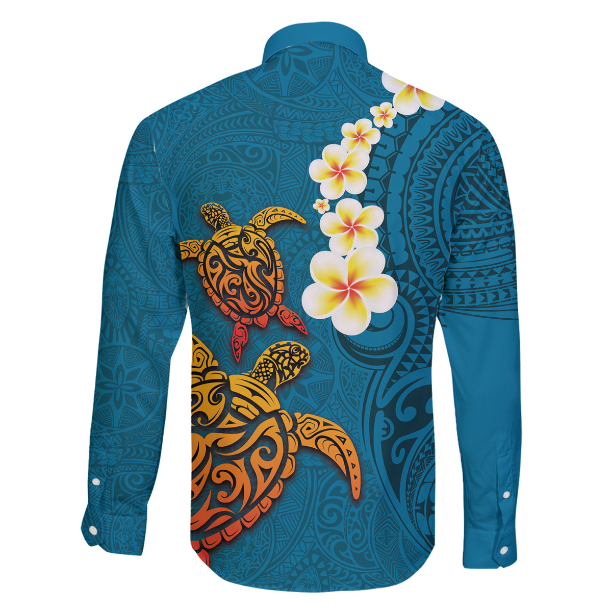 Hawaii Turtle Plumeria Flower Family Matching Long Sleeve Bodycon Dress and Hawaiian Shirt Polynesian Pattern Blue Color