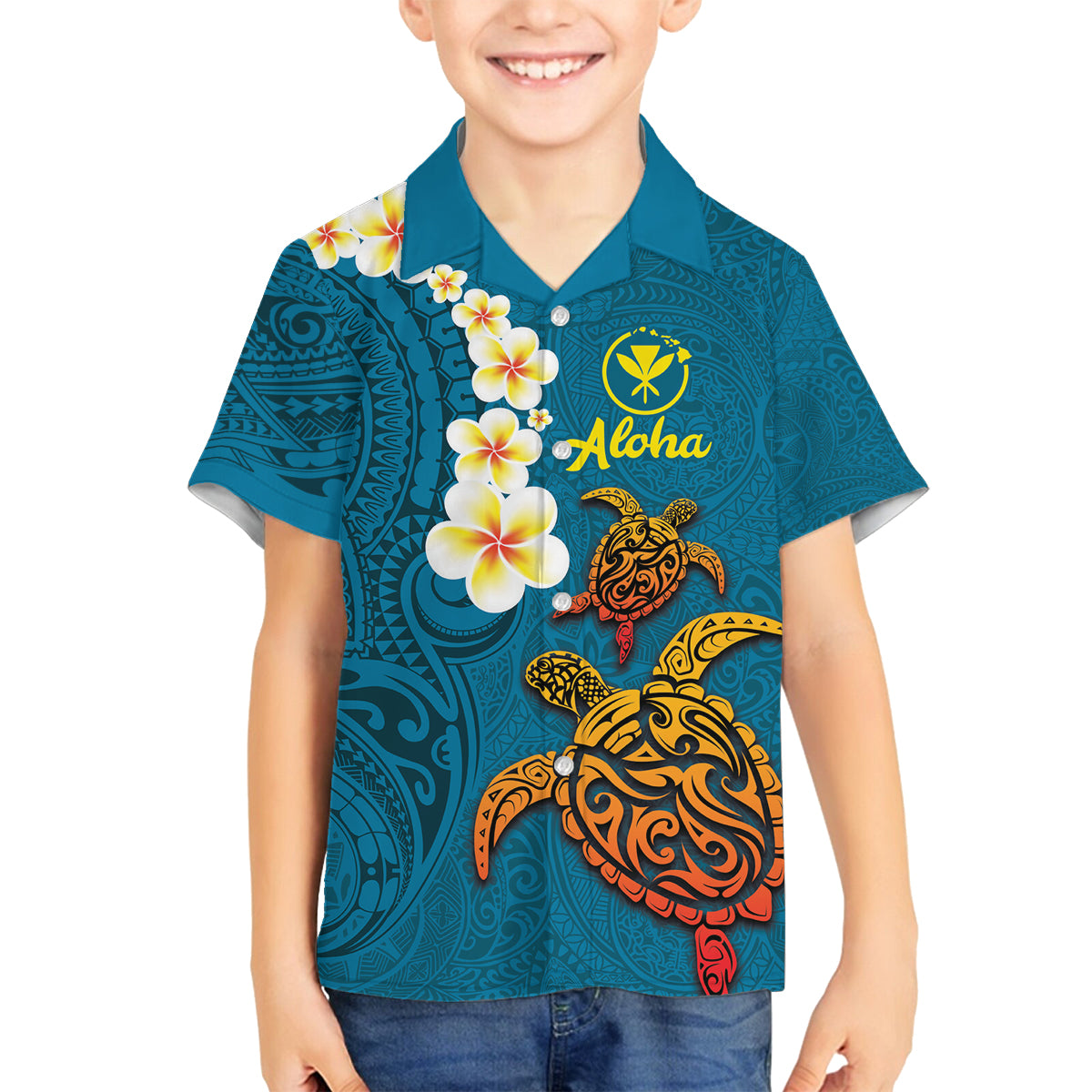 Hawaii Turtle Plumeria Flower Family Matching Summer Maxi Dress and Hawaiian Shirt Polynesian Pattern Blue Color