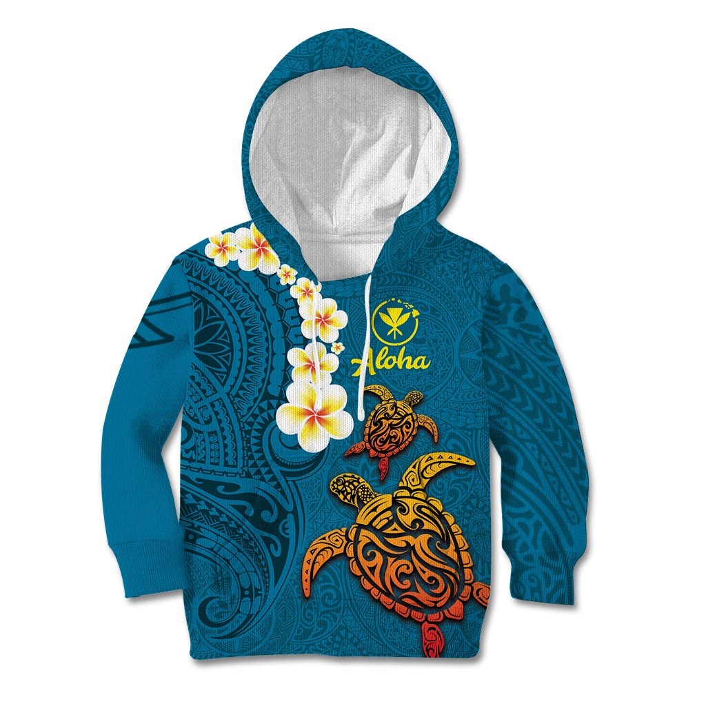 Hawaii Turtle Plumeria Flower Kid Hoodie Polynesian Pattern Blue Color LT03 Hoodie Blue - Polynesian Pride