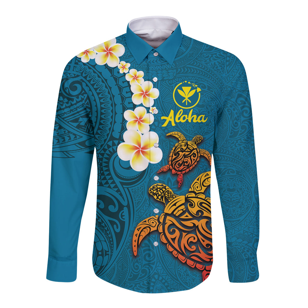 Hawaii Turtle Plumeria Flower Long Sleeve Button Shirt Polynesian Pattern Blue Color LT03 Unisex Blue - Polynesian Pride